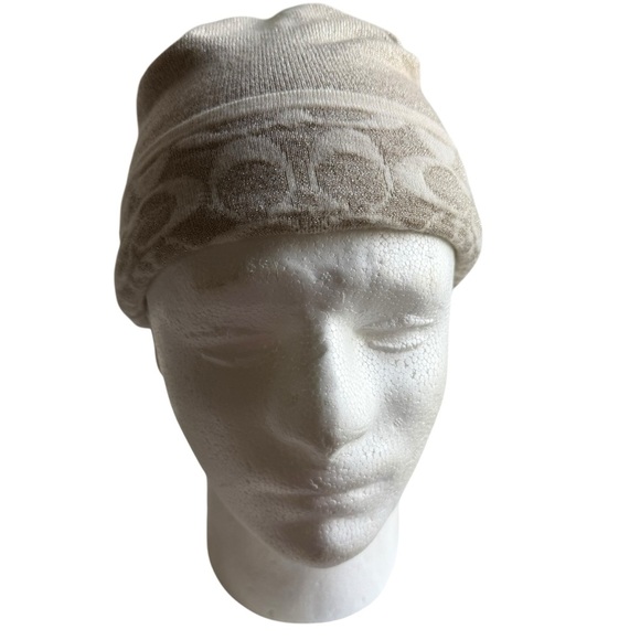 Coach Beanie Wool Hat Signature C shimmer gold Cream Knit Beanie - Picture 1 of 6